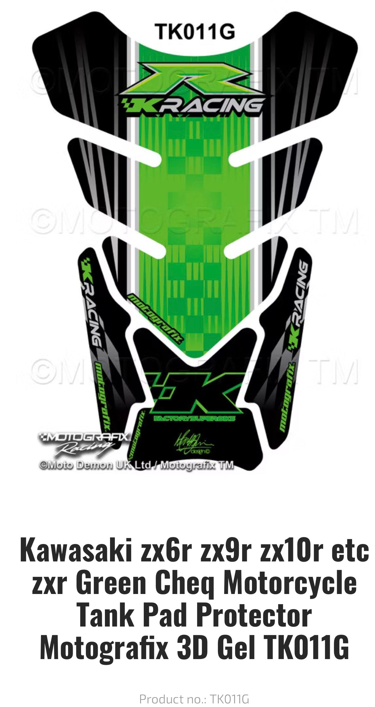 Kawasaki zx6r zx9r zx10r etc zxr Green Cheq Motorcycle Tank Pad Protector Motografix 3D Gel TK011G