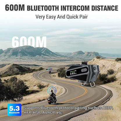 EDYELL C6 Motorcycle Bluetooth Intercom Headset|FM Radio Smart LED Display Helmet Bluetooth|600M Intercom Distance|Playable on TF Card|IPX6 Waterproof