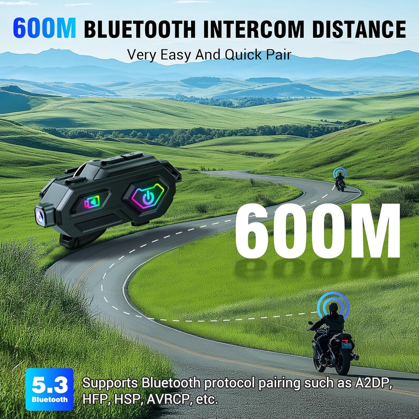 EDYELL C8 Max Motorcycle Bluetooth Intercom Headset,LED Emergency Lights,HiFi Stereo Calls,Wireless 50MM Earphone Helmet Bluetooth,IPX6 Waterproof,Compatible with All Helmets