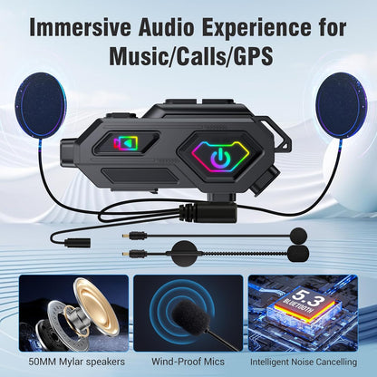 EDYELL C8 Max Motorcycle Bluetooth Intercom Headset,LED Emergency Lights,HiFi Stereo Calls,Wireless 50MM Earphone Helmet Bluetooth,IPX6 Waterproof,Compatible with All Helmets