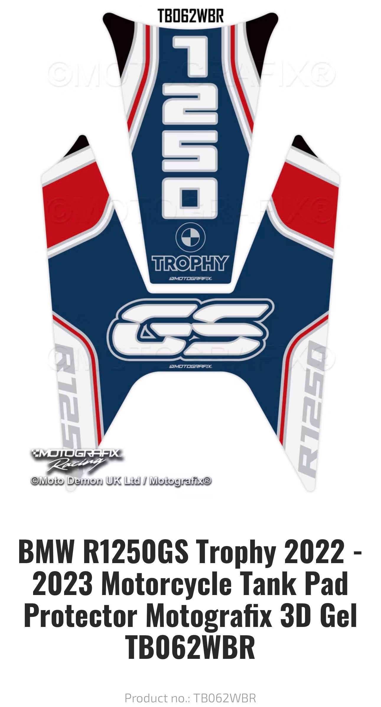BMW R1250GS Trophy 2022 -2023 Motorcycle Tank Pad Protector Motografix 3D Gel TB062WBR
