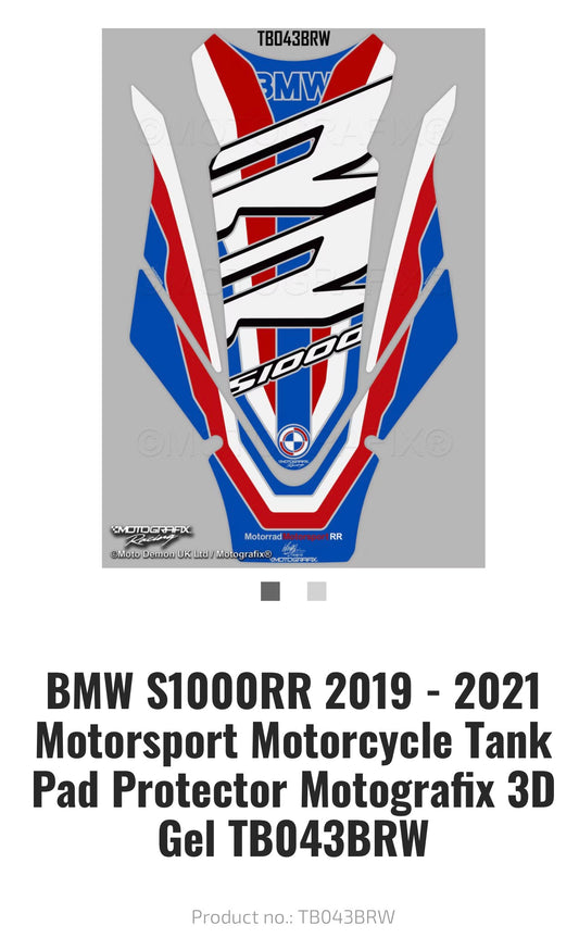 BMW S1000RR 2019 - 2021 Motorsport Motorcycle Tank Pad Protector Motografix 3D Gel TB043BRW