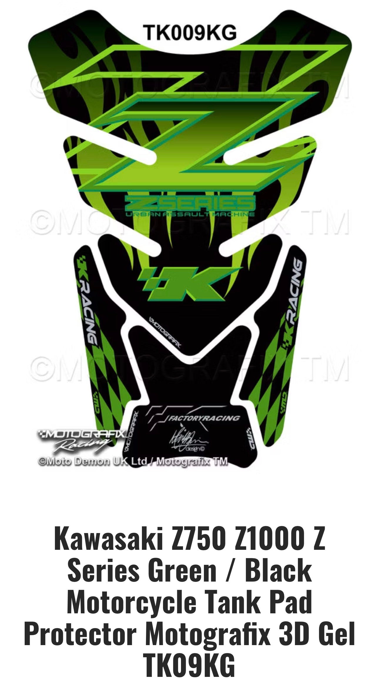 Kawasaki Z750 Z1000 Z Series Green / Black Motorcycle Tank Pad Protector Motografix 3D Gel TKO9KG