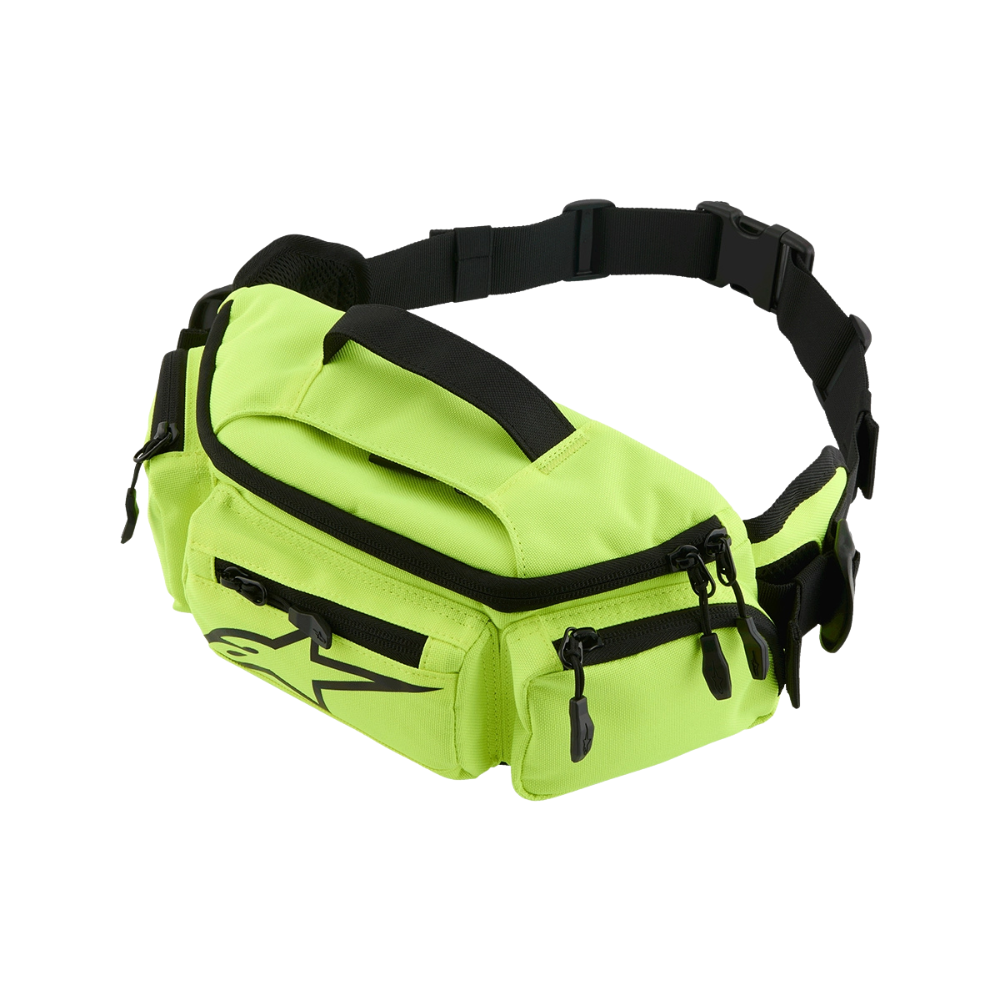 ALPINESTAR Neon Green Biker Crossbody Waist Bag – Multi-Pocket Riding Utility Bag