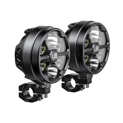L18S Motorcycle Auxiliary Lights – 23000LM High/Low Beam with 8-Level Brightness & Color Temp Adjustment, 3 Warning Modes, IP68 Waterproof (Pair)